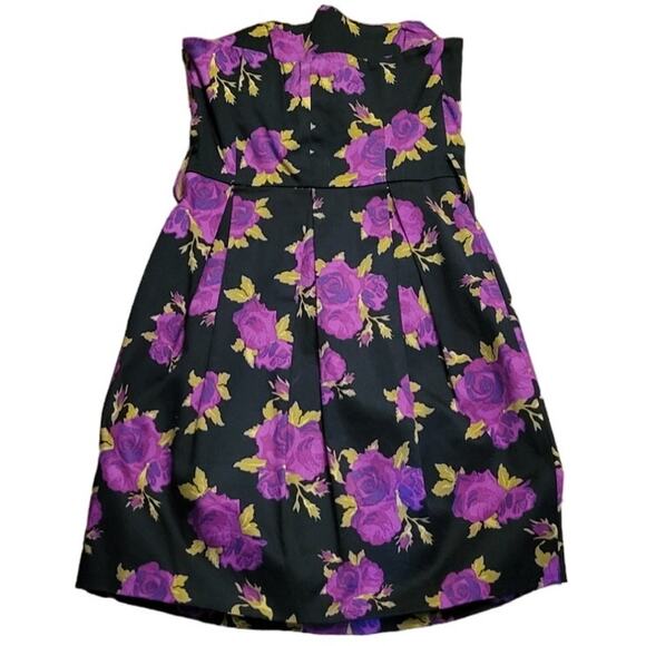 Black & Purple Rose Print Strapless Corset Top Pleated Cocktail Mini Dress - S - Picture 2 of 8